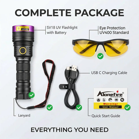 Complete package of Beast 12W 365nm UV Flashlight USB C Rechargeable Black Light Woods Lamp with accessories.