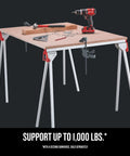 Heavy Duty Metal Sawhorse With Folding Legs, 1,000 Lb Per Pair Load Capacity in use with tools on worktop for stability