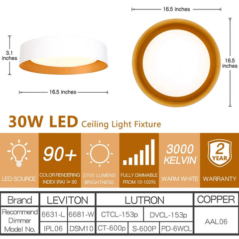 Dope 16.5 Inch Dimmable LED Flush Mount Ceiling Light Matte White With Gold Interior 3000K Warm White 30W Modern Fixture For Closet Hallway Entryway Kitchen Living Room