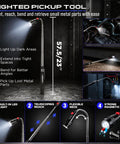 Lighted pickup tool with LED light, 57.5 inches long, designed to reach tight spaces and retrieve small metal parts.