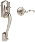 Camelot Front Entry Handleset With Left Handed Flair Lever In Satin Nickel Finish, heavy duty entrance hardware, door view