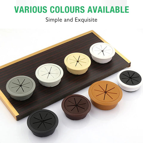 Top Tier White Desk Grommet 2 Pack No Fuss Cable Hole Cover For Office Setup 2 Inch Cord Organizer in various colors.