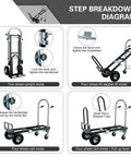 Diagram showing Three In One Industrial Convertible Hand Truck Dolly With 1000 Lb Capacity in different modes and conversion steps.