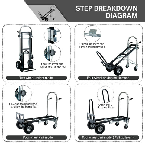 Diagram showing Three In One Industrial Convertible Hand Truck Dolly With 1000 Lb Capacity in different modes and conversion steps.