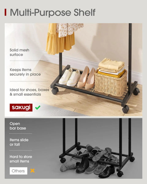 Heavy Duty Clothes Rack With Roll Free Mesh Shelf And Smooth Casters, 82 Pound Steel Clothing Organizer For Coats And Dresses, Tool Free Setup Wardrobe Stand Rock Solid For Every Walk In Closet Space