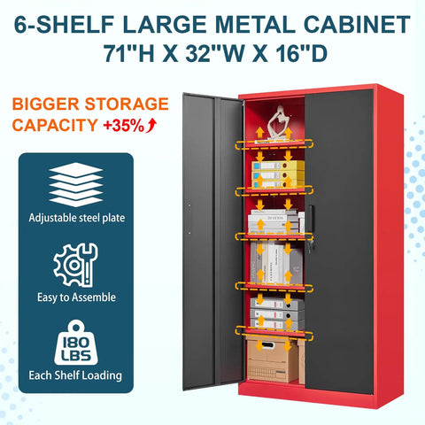 Open tall metal storage cabinet with locking doors, showing 5 adjustable shelves filled with boxes and items, 71 in high, red exterior.