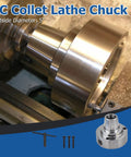 Beefy 5C Collet Lathe Chuck Closer with 5 Inch Plain Back mounted on lathe, showing recessed 3.740x0.184 bore for collets.