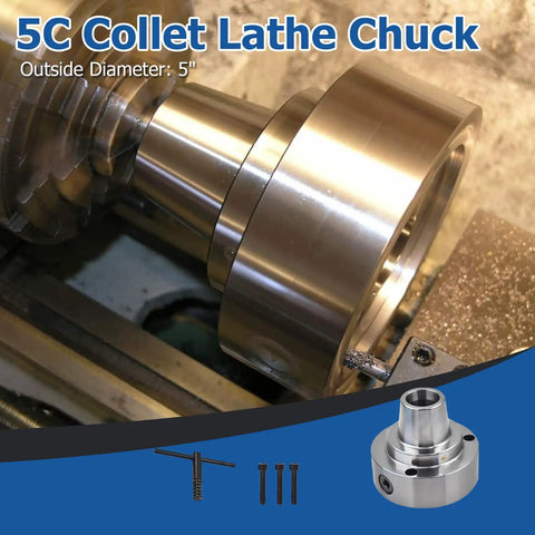 Beefy 5C Collet Lathe Chuck Closer with 5 Inch Plain Back mounted on lathe, showing recessed 3.740x0.184 bore for collets.