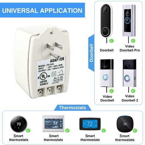 Plug In 24 Volt Transformer 40 VA With Auto Resetting PTC Fuse For Ring Doorbell And Thermostats Compatible With Nest Ecobee Sensi.