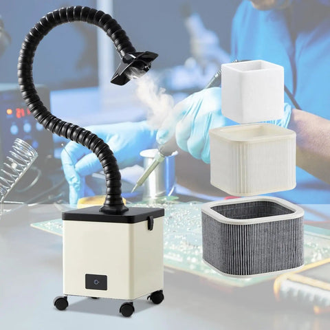 Powerful 100W Solder Smoke Fume Extractor With 3 Stage Filtration and flexible hose in use for soldering with visible filters
