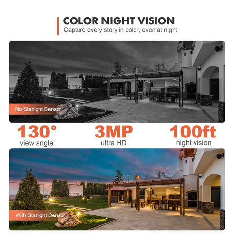 Outdoor view demonstrating color night vision with and without starlight sensor for 360 PTZ Outdoor WiFi Security Camera With 2K Video.