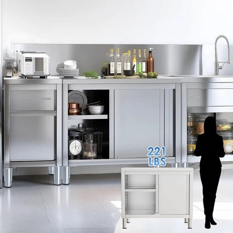 Built Tough Heavy Duty Prep Workbench With Sliding Doors Rust Resistant Stainless Steel Kitchen Table with storage and kitchen items.