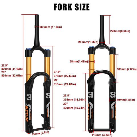 Diagram of Hard-Hitting 29 Or 27.5 Inch Boost Downhill Air Fork with 180mm travel, showing measurements and specifications.