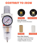 Pro Grade 1/4 Inch NPT Air Filter Regulator Combo with brass element and gauge, showing brass vs aluminum comparison.