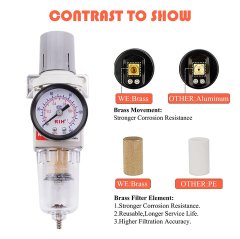 Pro Grade 1/4 Inch NPT Air Filter Regulator Combo with brass element and gauge, showing brass vs aluminum comparison.