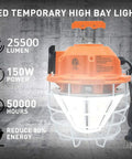 150W LED Temporary Work Light With 25500 Lumen Output, 5000K Daylight White, portable hanging jobsite lamp for indoor outdoor construction