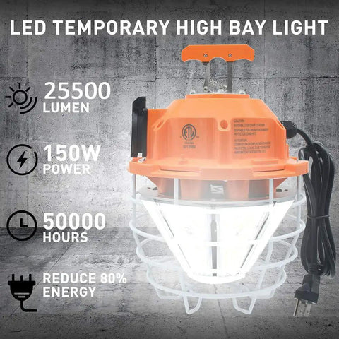 150W LED Temporary Work Light With 25500 Lumen Output, 5000K Daylight White, portable hanging jobsite lamp for indoor outdoor construction