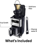 PureFlavor 14 Cup Programmable Coffee Maker With Lightning Fast Brew Touch Display Brew Over Ice Mode Flavor Carafe BrewChoice Plus And Adjustable Warm Plate shown with gold tone filter and charcoal water filter