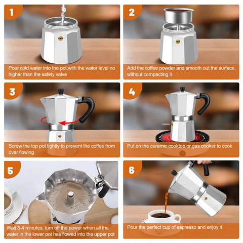 Step-by-step guide on using a 3 Cup Aluminum Espresso Stovetop Moka Pot Coffee Maker For Quick Espresso Percolator Style Italian Mocha Pot For Home And Camping 150ml 5oz Capacity Rich Aroma Every Brew.