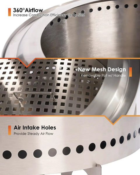 Close-up of 19-inch smokeless fire pit in 304 stainless steel showing mesh design and air intake holes for efficient combustion.