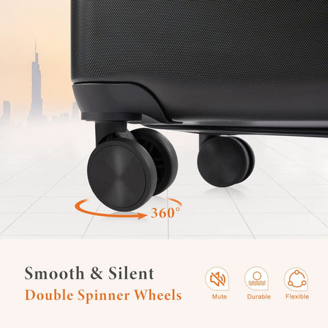 Close-up of lightweight spinner carry on luggage with dual wheels for smooth airport mobility.