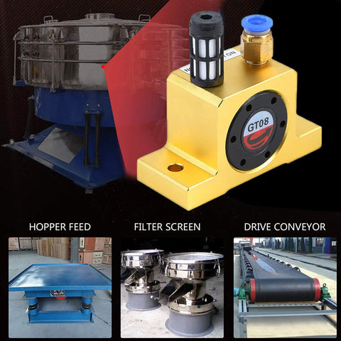 Two Pack Beefed Up Pneumatic Air Turbine Vibrator Set For Industrial High Speed Vibration One Eighth Inch Shaft Durable Aluminum Alloy Body With Muffler Heavy Duty Quiet Operation, showing assembly components in industrial setup.