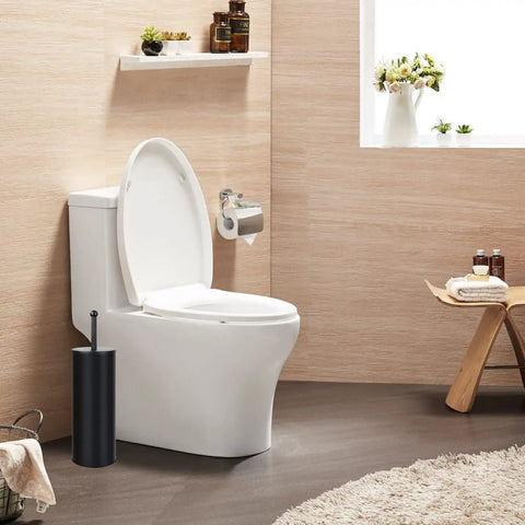 Heavy Duty Bronze Toilet Plunger With Metal Canister Holder And Drip Cup beside modern toilet in stylish bathroom