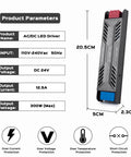 24V 300W LED Power Supply Go-To Ultra Slim Aluminum LED Driver Transformer dimensions 20.5cm x 5cm x 2.3cm with protection features