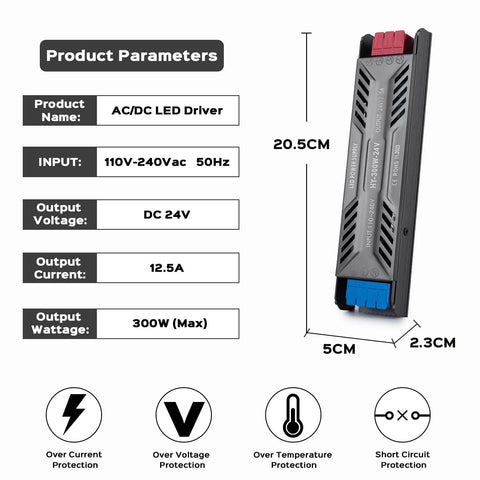 24V 300W LED Power Supply Go-To Ultra Slim Aluminum LED Driver Transformer dimensions 20.5cm x 5cm x 2.3cm with protection features