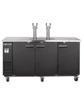 Black Exterior Dual Tower Beer Dispenser Featuring Twin Insulated Stainless Steel Tap Towers Designed To Keep Three Full Size Kegs Ice Cold For Weekend Kickbacks And Backyard Hangouts, three cabinet doors.