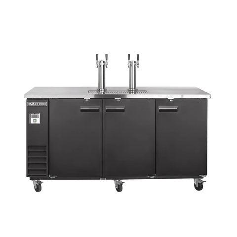 Black Exterior Dual Tower Beer Dispenser Featuring Twin Insulated Stainless Steel Tap Towers Designed To Keep Three Full Size Kegs Ice Cold For Weekend Kickbacks And Backyard Hangouts