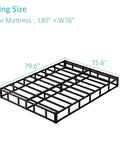 Rock Solid King Size Box Spring With Seven Inch Steel Bed Base Foundation And Dust Resistant Fabric Cover For Silent Nightly Rest And Quick Setup With Pro Grade Structural Support Inside, showing 79.6 x 75.6 inch steel frame.