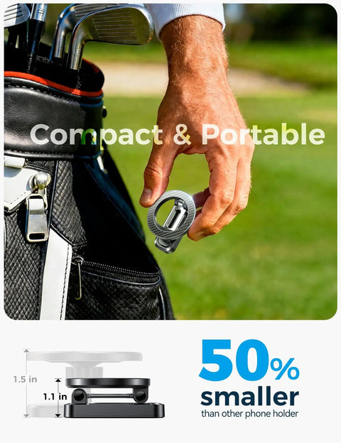 Magnetic Golf Cart Phone Holder With 360 Degree Rotatable Base And Foldable Dual Arm shown compactly in a golfer's hand