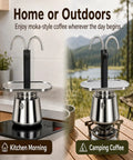 Heavy Duty Stainless Steel Moka Pot For Two With Dual Spout Stovetop Espresso Maker shown in kitchen and outdoor settings.