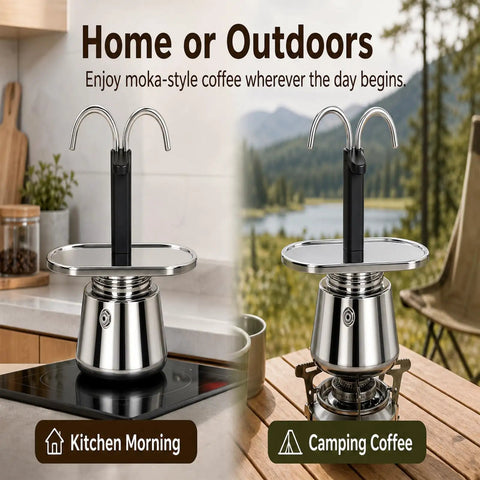 Heavy Duty Stainless Steel Moka Pot For Two With Dual Spout Stovetop Espresso Maker shown in kitchen and outdoor settings.