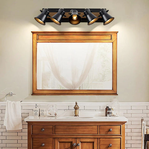 Five Light Adjustable Track Lighting Fixture In Industrial Black installed above bathroom mirror