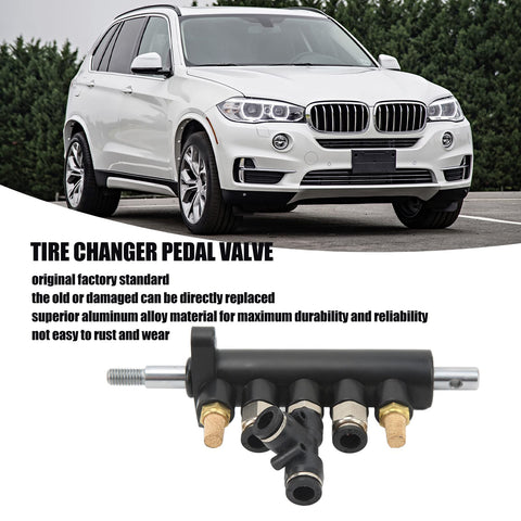 Five Way Aluminum Tire Changer Foot Pedal Valve Replacement for 36mm Hole Distance shown with car background