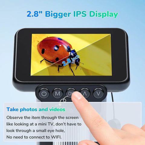Portable Digital Microscope With 2.8 Inch LCD Screen, 8 LED Lights, Handheld USB Coin Camera, Slide Kit For Kids And Adults, Built-In Distance Adjustment Ring For Stable Focus And Clear Imaging. 2.8-inch LCD screen showing a ladybug