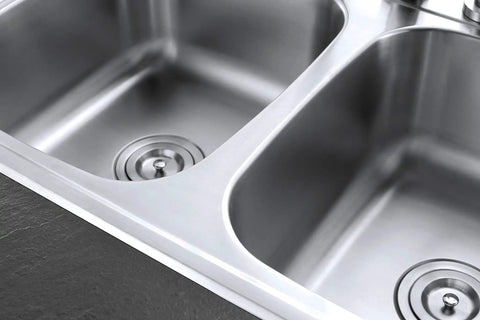 33 Inch Self-Rimming Double Bowl Kitchen Sink In Brushed 304 Grade Stainless Steel, 22 Gauge, close-up of left and right bowls