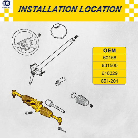 RXV Golf Cart Steering Gear Box Assembly diagram with OEM parts 60158, 601500, 618329, 851-201 shown for installation.