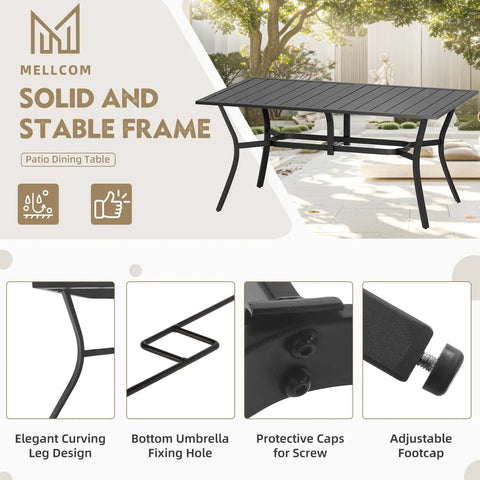 Rectangular metal table with umbrella hole from 7 Piece Outdoor Dining Set With 6 Swivel Rocker Chairs High Back Textilene in grey on patio.