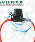 24 Pcs Workhorse Inline Fuse Holder Kit With Atc Blade Fuses 30 Amp water-resistant fuse holder with red cable and splash effect.