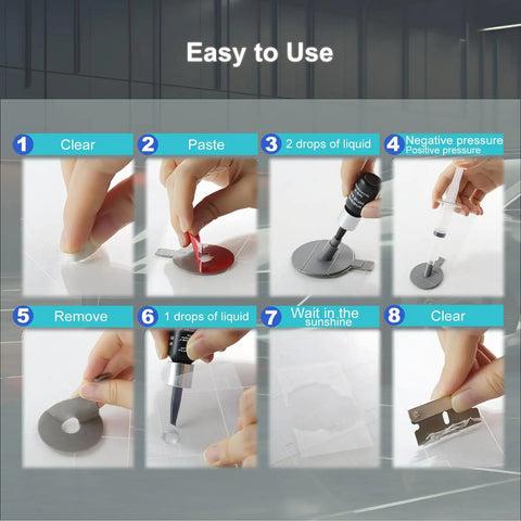 Step-by-step guide for using Windshield Repair Kit for chips and cracks up to 12 inch with glass repair fluid on laminated glass.