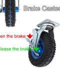 Heavy Duty Beef Pneumatic Rubber Caster Wheels With Swivel Brake Castors showing brake mechanism on 8 inch shock absorbing wheel.