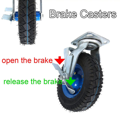 Heavy Duty Beef Pneumatic Rubber Caster Wheels With Swivel Brake Castors showing brake mechanism on 8 inch shock absorbing wheel.