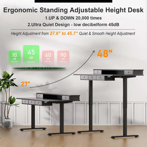 Xin Yao 63 Inch Electric Standing Desk With Five Drawers Ergonomic Height Adjustable Sit Stand Computer Workstation Table showing adjustable height and storage options.