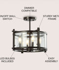 Oil Rubbed Bronze 15 Inch 3 Light Iron And Glass Modern Drum LED Flush Mount Ceiling Light with features labeled