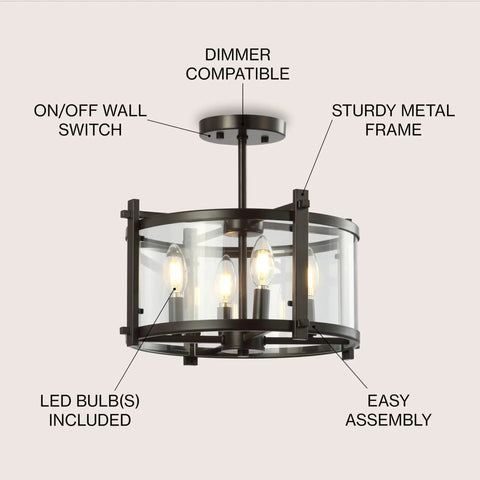 Oil Rubbed Bronze 15 Inch 3 Light Iron And Glass Modern Drum LED Flush Mount Ceiling Light with features labeled