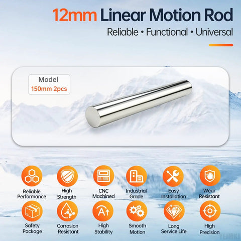 Smooth 2-Pc 12mm By 150mm Linear Motion Rods For Precision Guide Shaft Rail Systems With Ground Finish, chrome steel, smooth surface.