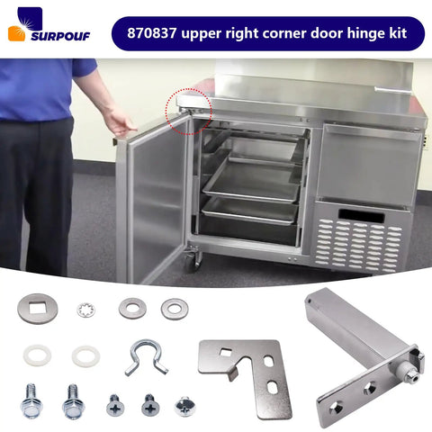 Refrigerator Top Right Door Hinge Kit Replacement Part for fixing doors that will not close, sagging doors, and opening noise. Easy install with durable construction, compatible with most standard models shown.